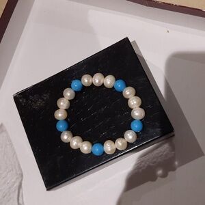 GENUINE GEMSTONES Blue Turquoise & Pearl Stretchy Bracelet